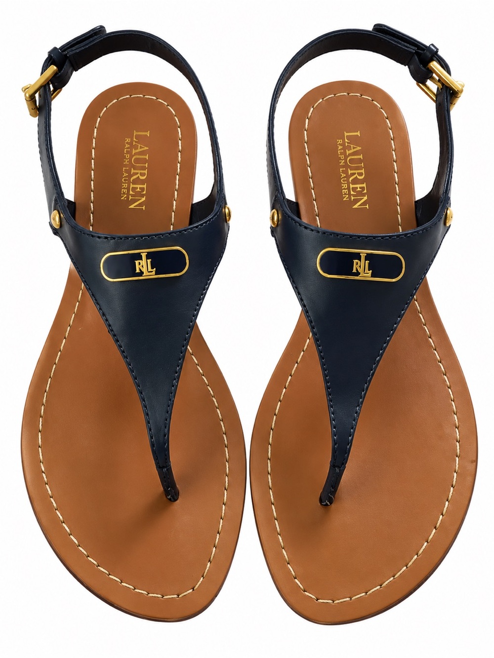 Lauren Ralph Lauren Navy Leather T-Strap Sandals Gold RL Size 7.5